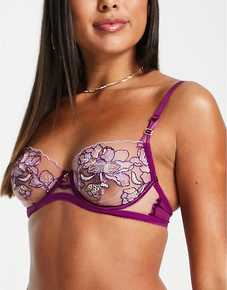 Ann Summers Serenity sheer floral embroidered lingerie set in pink and purple